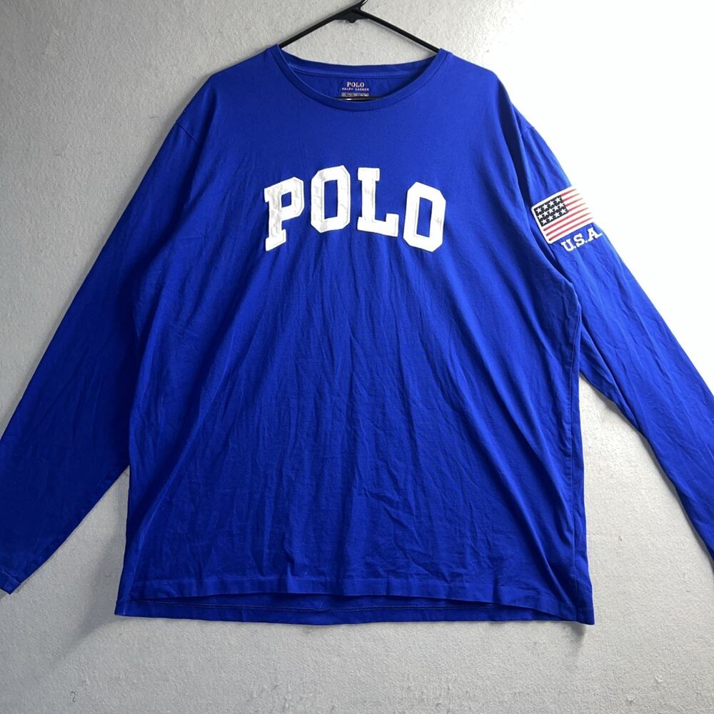 Polo Ralph Lauren Shirt Mens XXL Blue Long Sleeve Embroidered USA Flag Patch